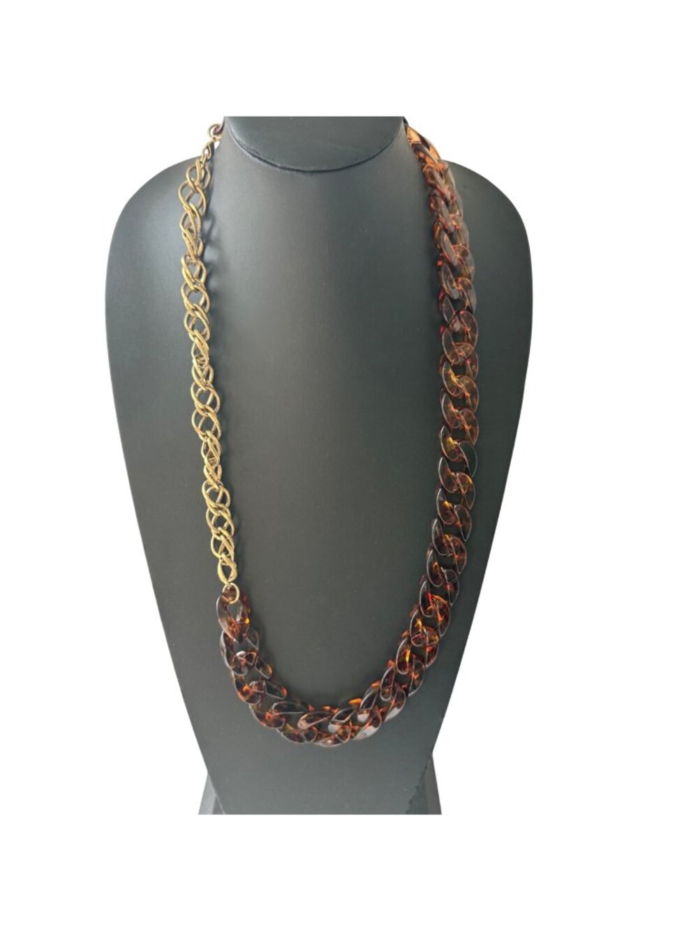 Vintage Gold-Tone Tortoise Shell Patterned Acrylic Links Chain Necklace 30"